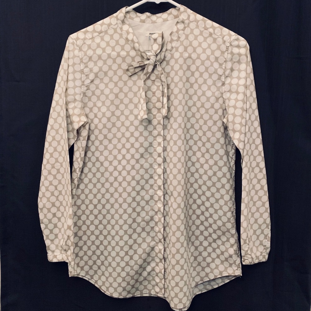 Fossil cotton tieneck buttondown blouse 3/4sleeves